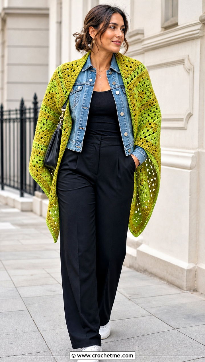 Granny Square Shawl With Denim Jacket - 15 Lion Brand Crochet Shawl In A Ball outfit ideas