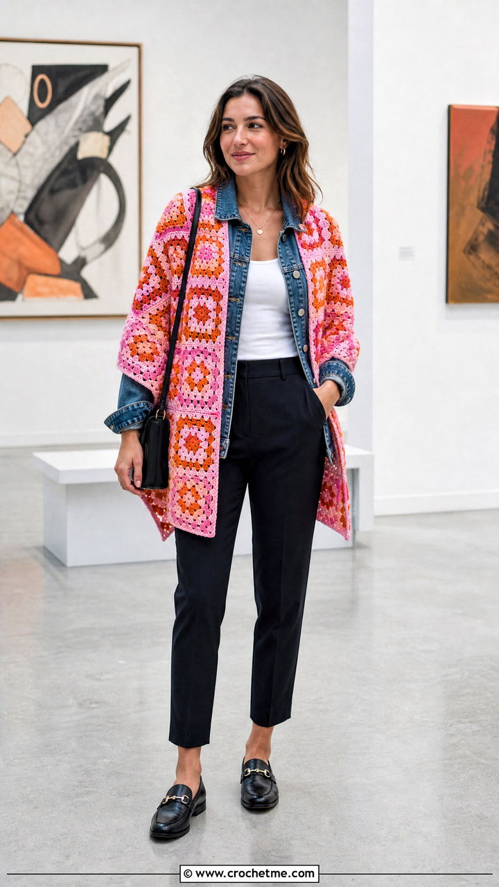 Granny Square Shawl With Denim Jacket - 35 Crocheted Shawls And Wraps outfit ideas