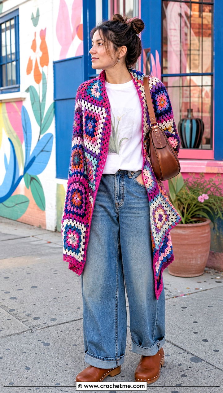 Granny Square Shawl With Graphic Tee And Barrel Jeans - 15 sophie digard crochet shawl outfit ideas