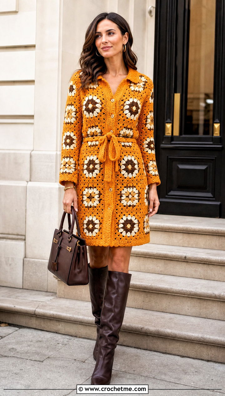 Granny Square Shirt Dress With Knee High Boots - 35 Granny Square Clothing Ideas