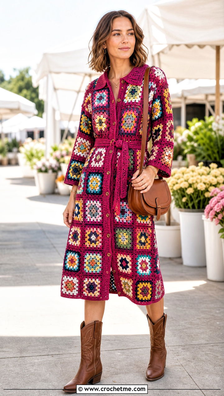 Granny Square Shirt Dress With Western Boots - 30 granny squares clothes and outfit ideas