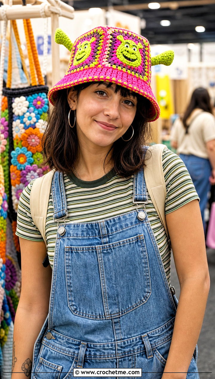Granny Square Shrek Crochet Bucket Hat With Denim Overalls - 25 shrek crochet bucket hat outfit ideas