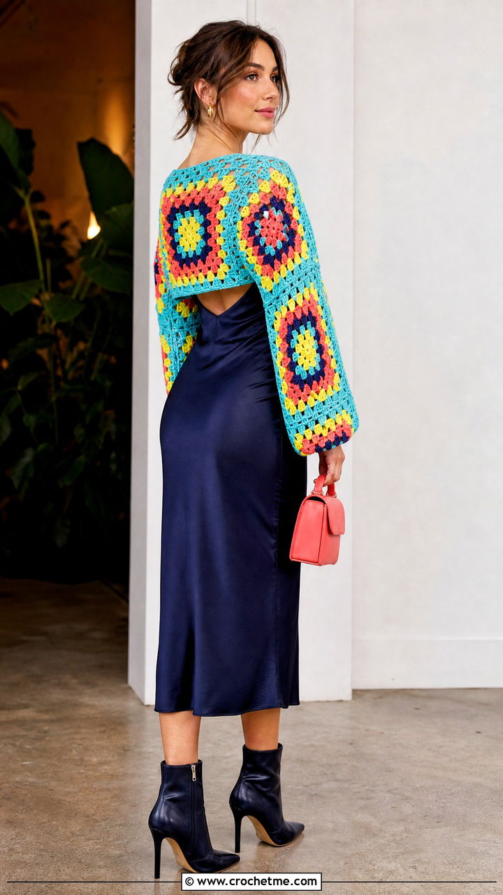 Granny Square Shrug Cardigan With Slip Dress And Boots - 35 crochet granny square cardigan outfit ideas