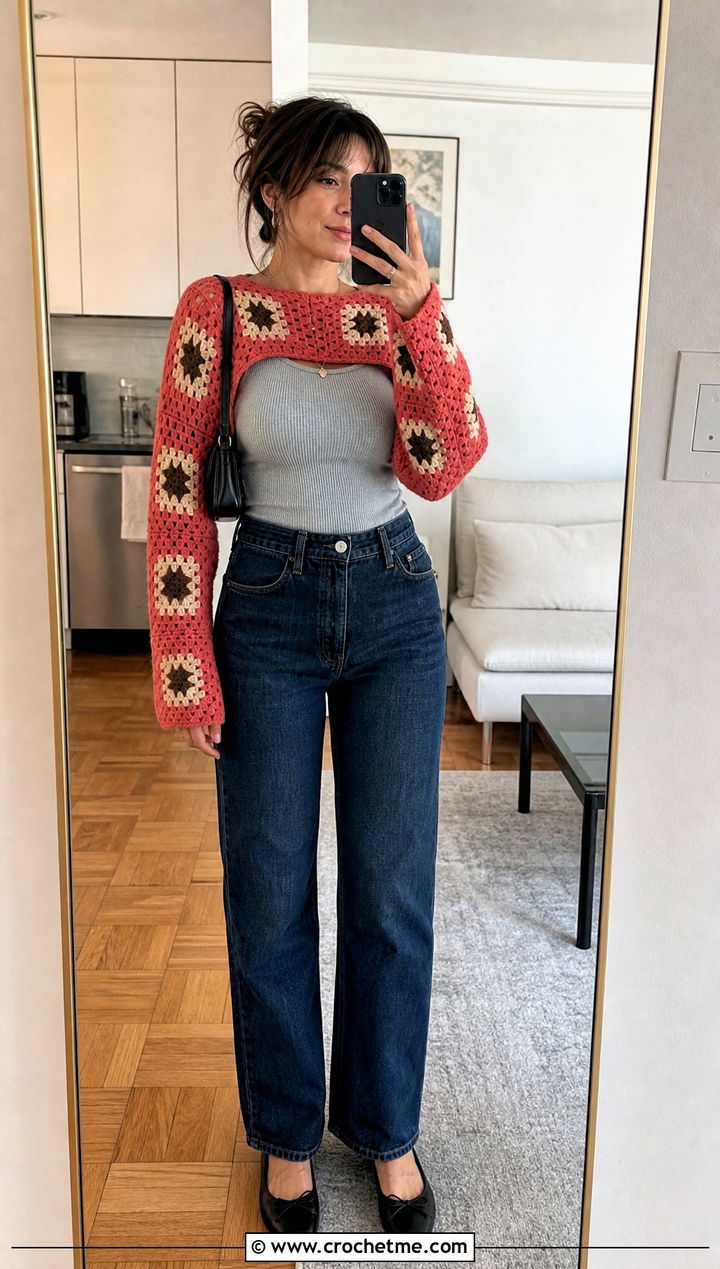 Granny Square Shrug With Ribbed Tank And Jeans - 30 crochet granny square clothing and outfit ideas