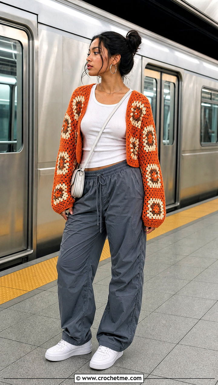 Granny Square Shrug With Ribbed Tank And Parachute Pants - 30 granny squares clothes and outfit ideas