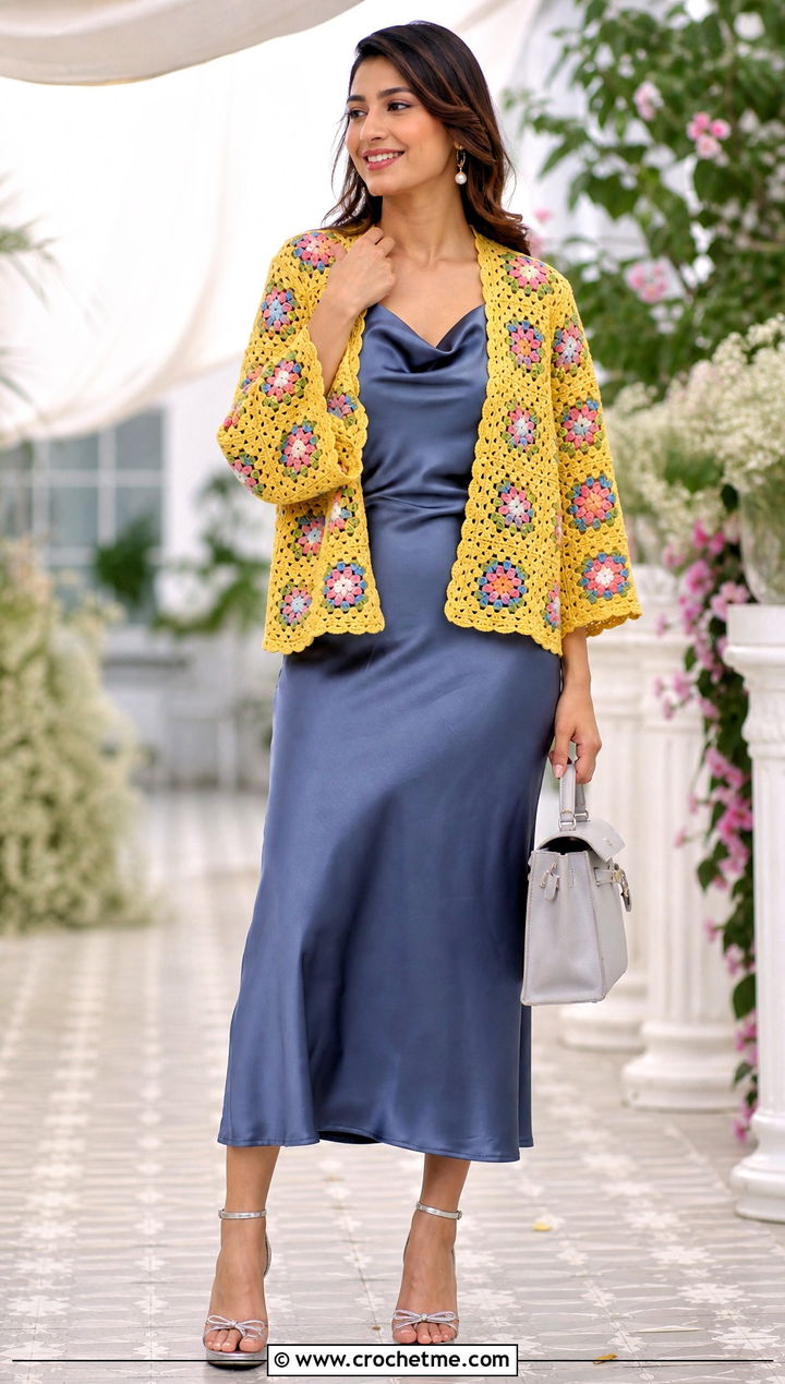 Granny Square Shrug With Slip Dress - 25 Crochet Shrug Cardigan outfit ideas