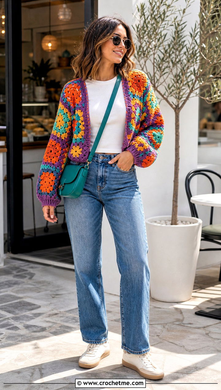 Granny Square Shrug With T Shirt And Straight Jeans - 25 crochet shrugs and boleros outfit ideas