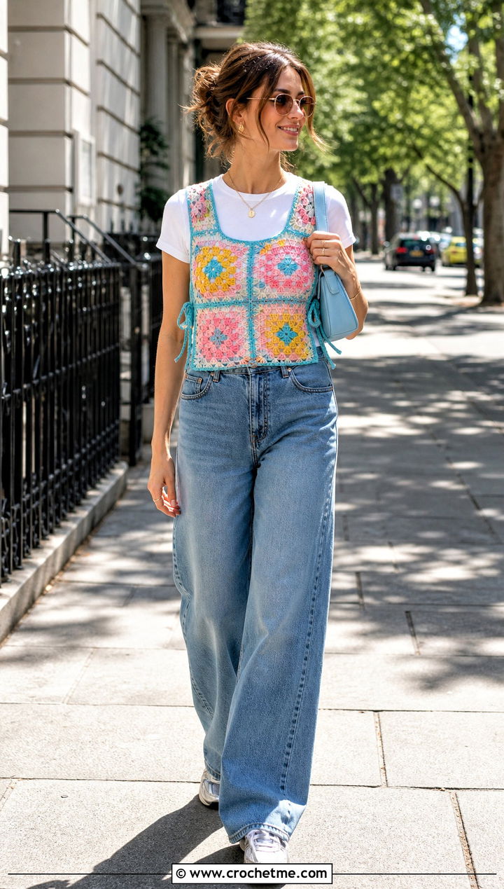 Granny Square Side Tie Crochet Vest With Wide Leg Jeans - 30 crochet vest tie sides outfit ideas
