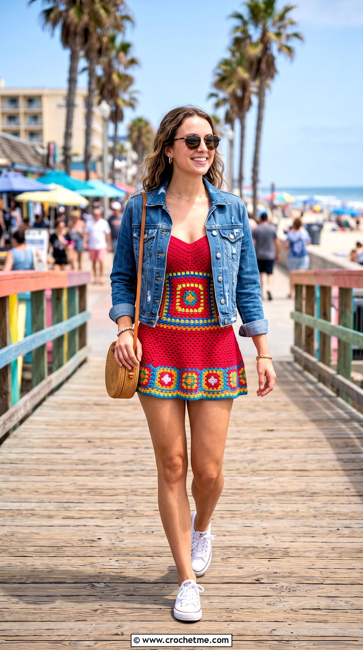 Granny Square Skirted Bathing Suit With Denim Jacket - 25 Granny Square Bathing Suit outfit ideas