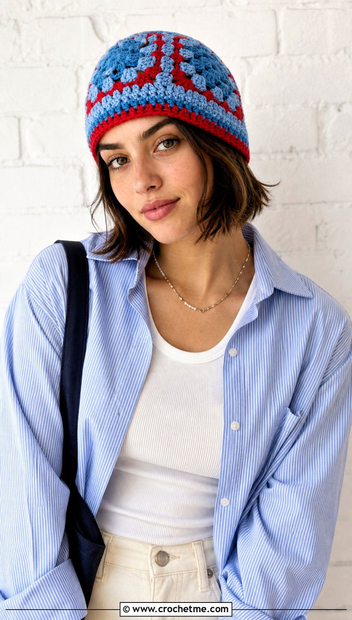 Granny Square Skullcap Beanie With Oversized Shirt - 30 granny square beanie outfit ideas
