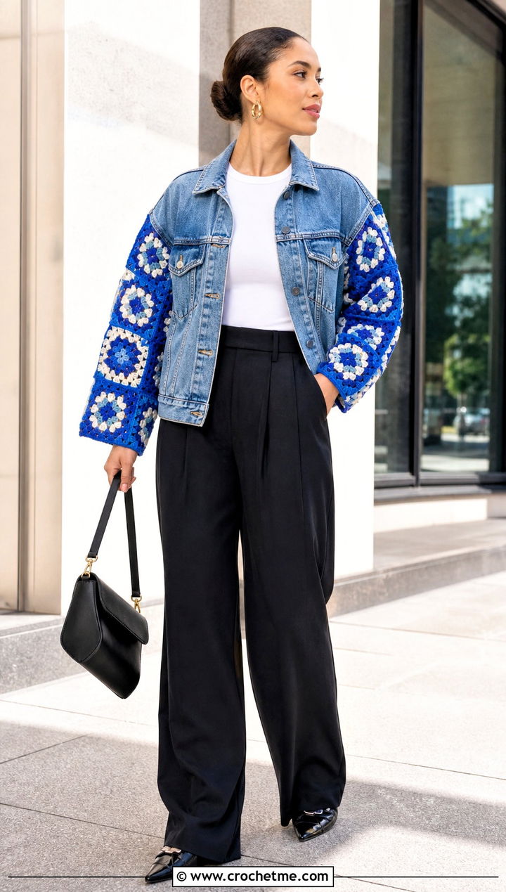 Granny Square Sleeve Crochet Denim Jacket With Wide Leg Trousers - 30 crochet denim jacket outfit ideas