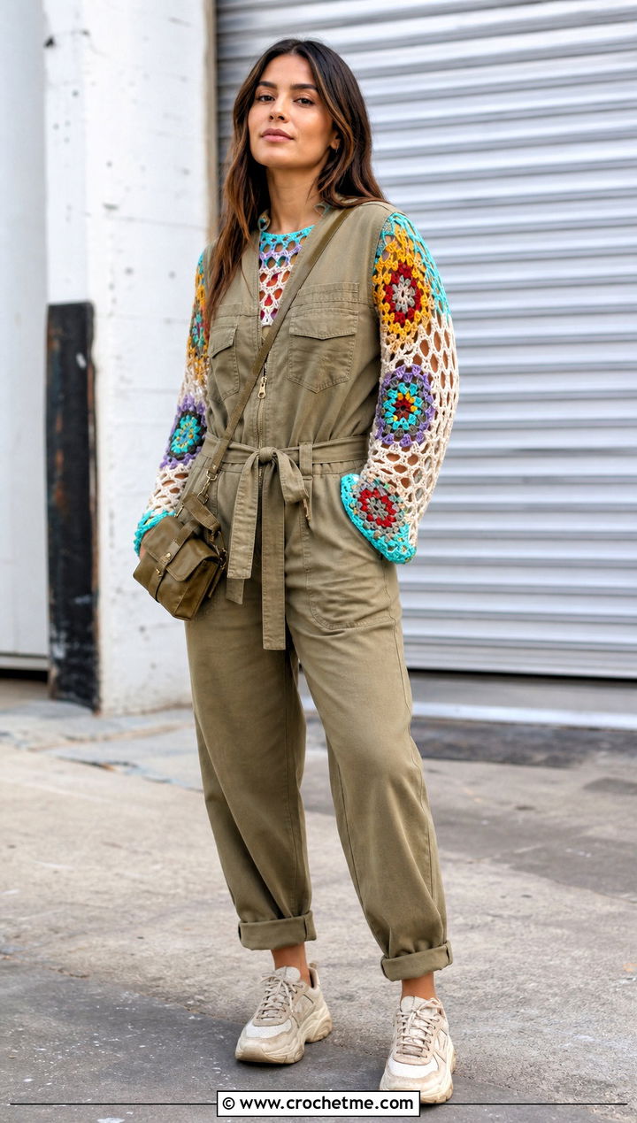 Granny Square Sleeve Crochet Mesh Top With Utility Jumpsuit - 30 long sleeve crochet mesh top outfit ideas