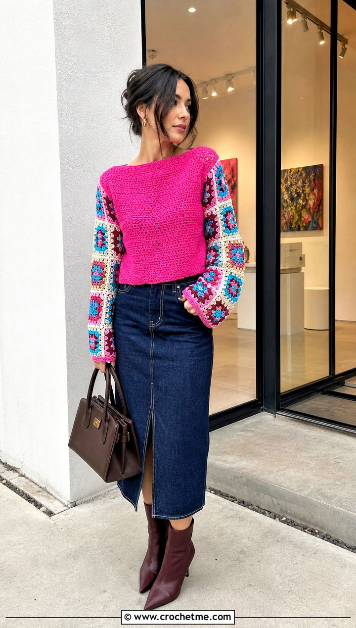 Granny Square Sleeve Crochet Top With Denim Midi Skirt - 35 crochet top sleeves outfit ideas