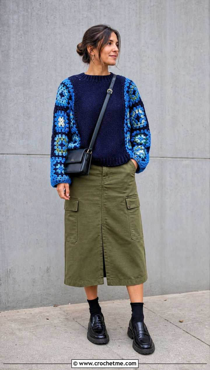 Granny Square Sleeve Sweater With Utility Skirt - 30 crochet sweater with granny squares outfit ideas