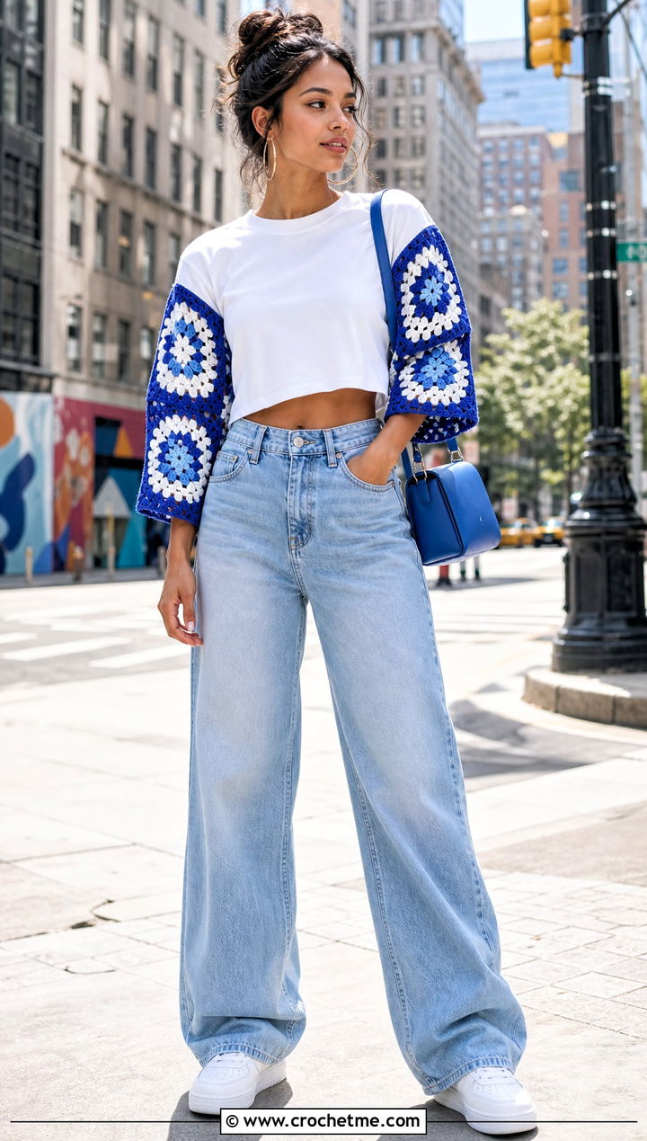 Granny Square Sleeve Upcycled T Shirt With Wide Leg Jeans - 20 Upcycle Shirt With Crochet outfit ideas