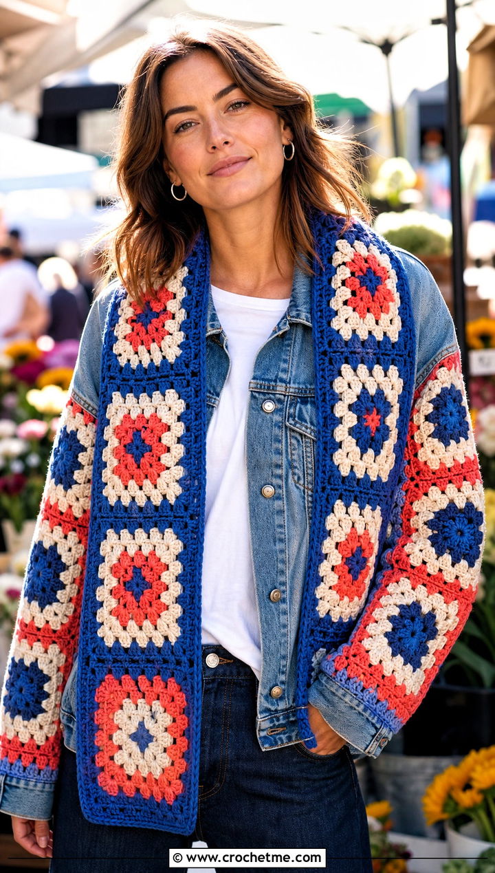 Granny Square Sleeved Crochet Scarf With Denim Jacket - 25 Sleeved Crochet Scarf outfit ideas