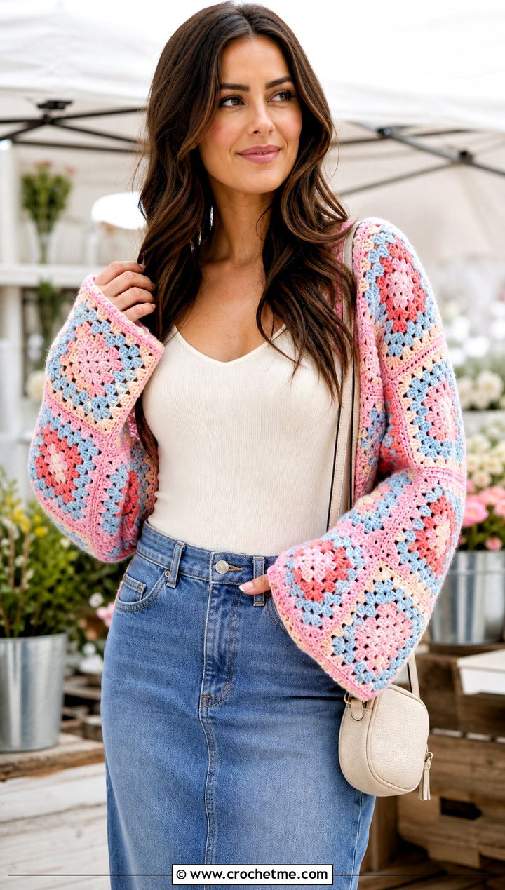 Granny Square Sleeved Scarf With Denim Midi Skirt - 20 crochet scarf with arms outfit ideas