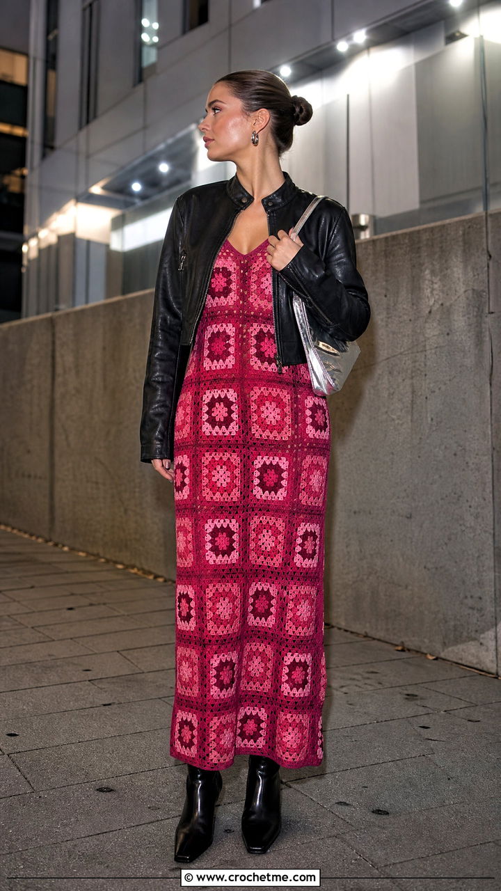 Granny Square Slip Dress With Leather Jacket - 35 granny square clothes and outfit ideas