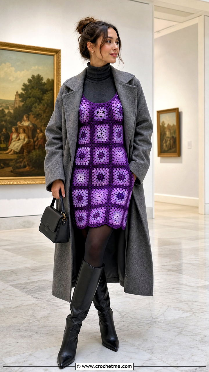 Granny Square Slip Dress With Turtleneck And Knee Boots - 35 granny square dress outfit ideas