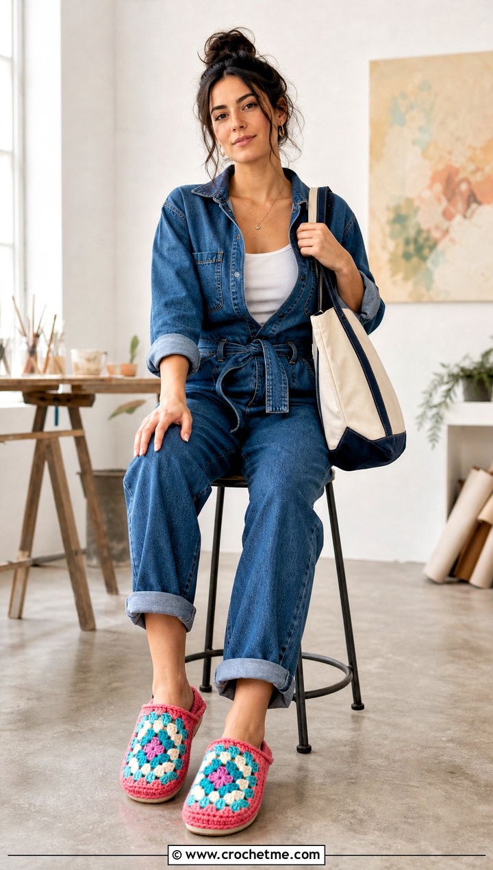 Granny Square Slippers With Denim Jumpsuit - 25 Quick Crochet Slippers outfit ideas