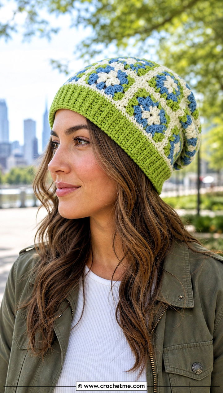 Granny Square Slouch Crochet Beanie With Utility Jacket - 30 slouch crochet beanie outfit ideas