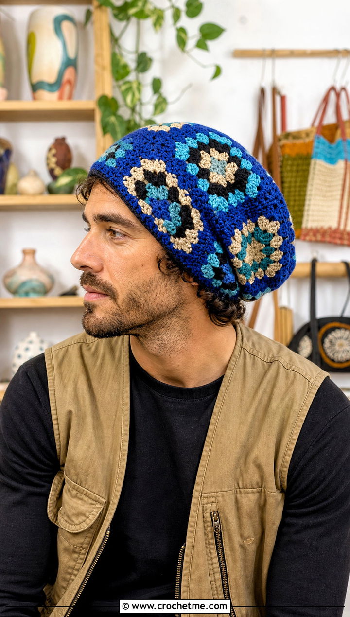 Granny Square Slouch Crochet Beanie With Utility Vest - 20 Mens Slouch Crochet Beanie outfit ideas