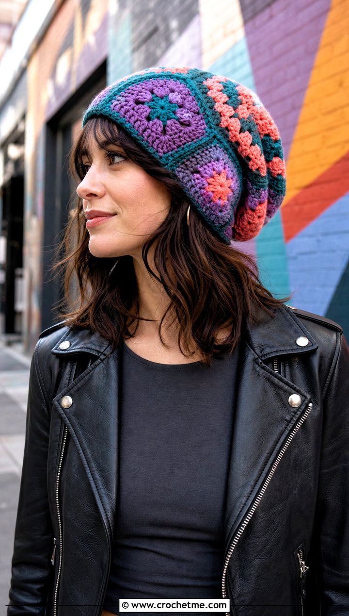 Granny Square Slouch Crochet Hat With Leather Jacket - 30 slouch crochet hat outfit ideas