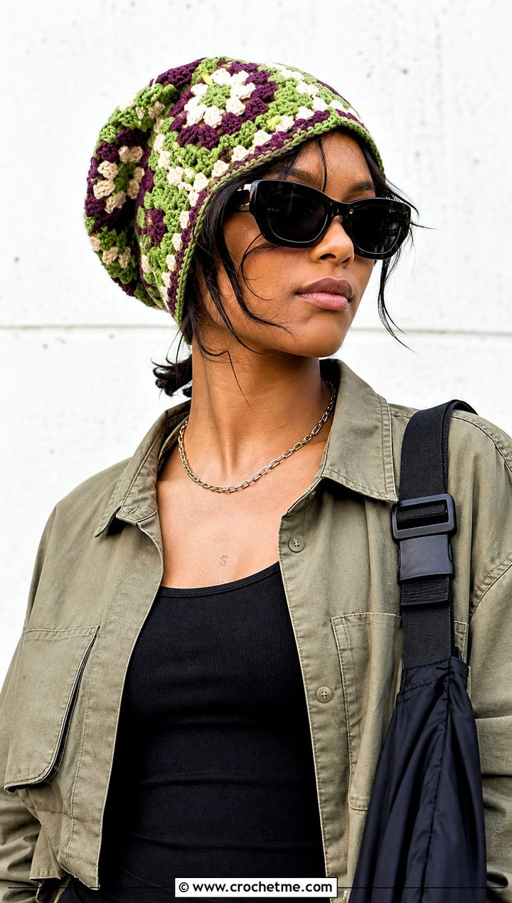 Granny Square Slouch Hat With Cargo Pants - 20 Summer Slouchy Crochet Hat outfit ideas