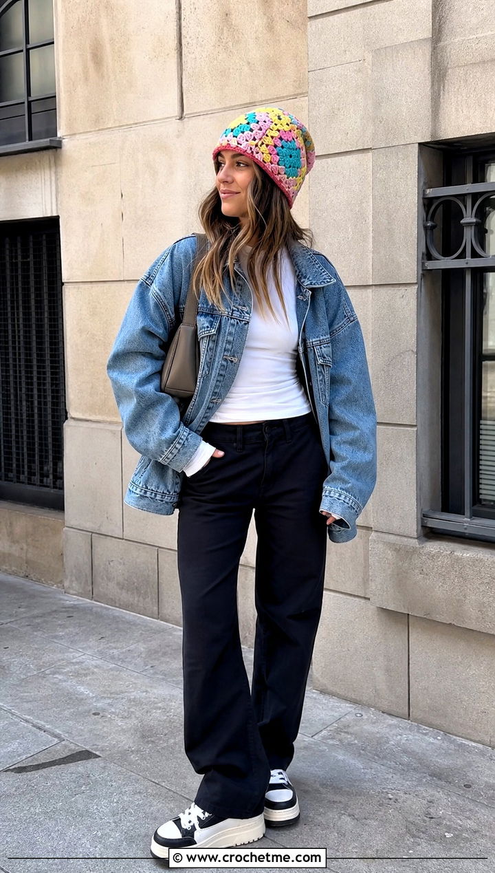 Granny Square Slouchy Crochet Beanie With Denim Jacket - 35 cute crochet beanies outfit ideas