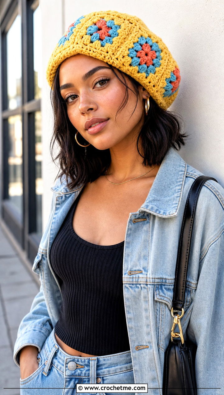 Granny Square Slouchy Crochet Beret With Denim Jacket - 25 Slouchy Crochet Beret outfit ideas