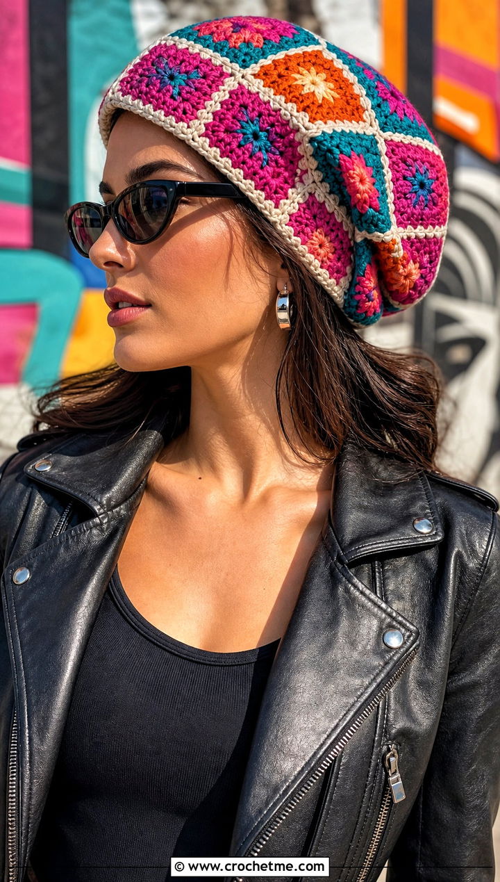 Granny Square Slouchy Crochet Hat With Leather Jacket - 15 Slouchy Crochet Hat outfit ideas