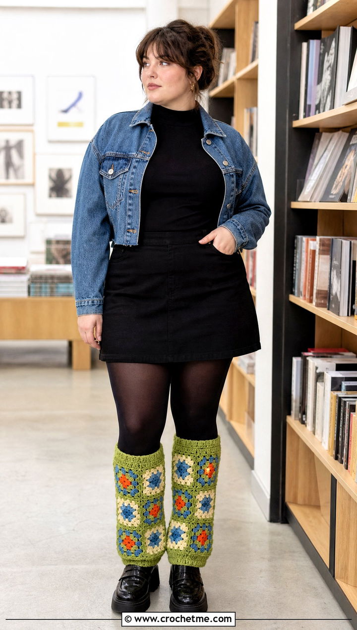 Granny Square Slouchy Crochet Leg Warmers With Mini Skirt - 25 Slouchy Crochet Leg Warmers outfit ideas