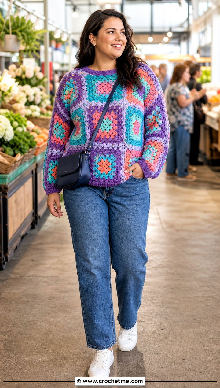 Granny Square Slouchy Crochet Sweater With Straight Jeans - 25 slouchy crochet sweater outfit ideas