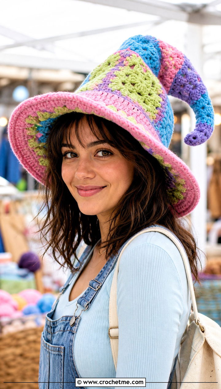 Granny Square Slouchy Crochet Witch Hat With Overalls - 30 slouchy crochet witch hat outfit ideas