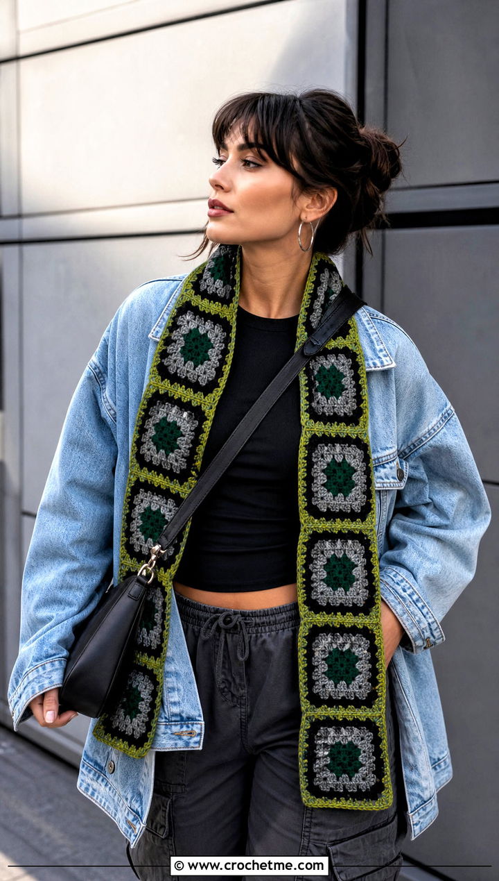 Granny Square Slytherin Crochet Scarf With Denim Jacket - 30 slytherin crochet scarf outfit ideas