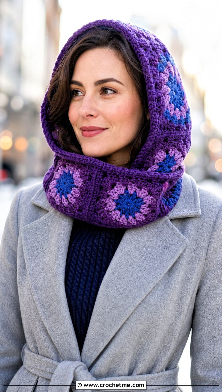 Granny Square Snood Cowl With Belted Coat - 25 Granny Square Cowl outfit ideas