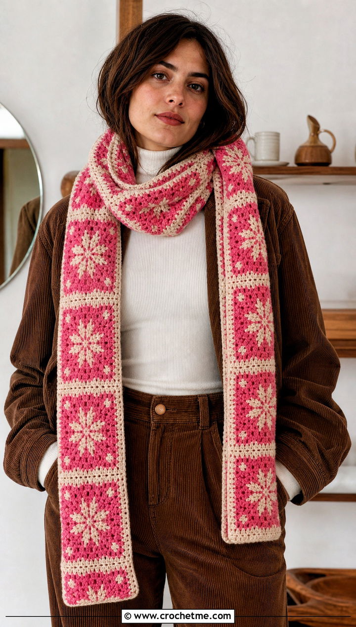 Granny Square Snowflake Crochet Scarf With Corduroy Outfit - 25 Snowflake Crochet Scarf outfit ideas