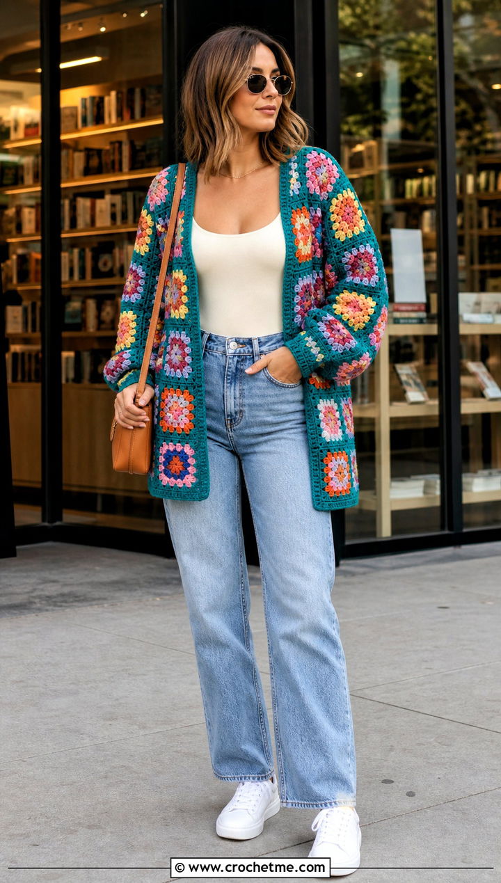 Granny Square Sofa Crochet Sweater With Straight Jeans - 15 sofa crochet sweater outfit ideas