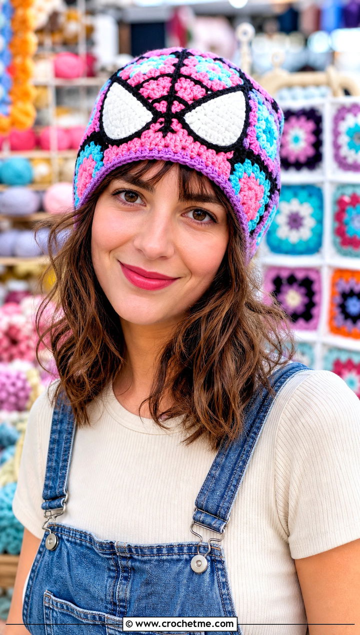 Granny Square Spider Gwen Crochet Beanie With Overalls - 20 Spider Gwen Crochet Beanie outfit ideas