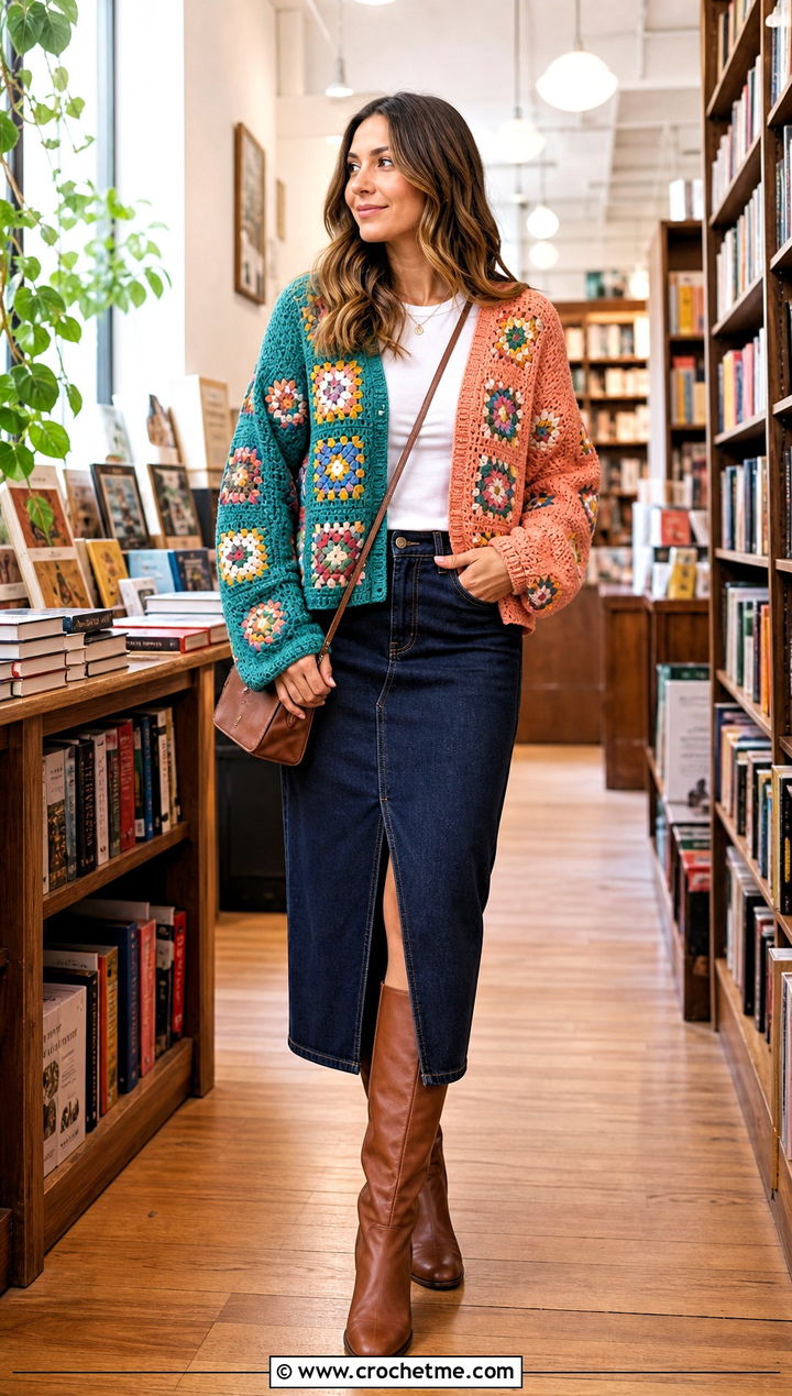 Granny Square Split Color Crochet Cardigan With Denim Skirt - 15 Split Color Crochet Cardigan outfit ideas
