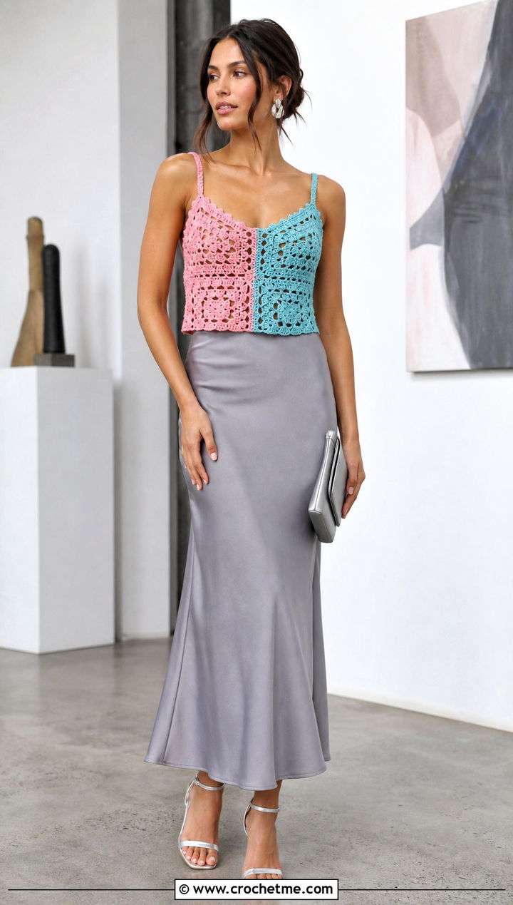 Granny Square Split Crochet Camisole With Satin Skirt - 20 Split Color Crochet Top outfit ideas