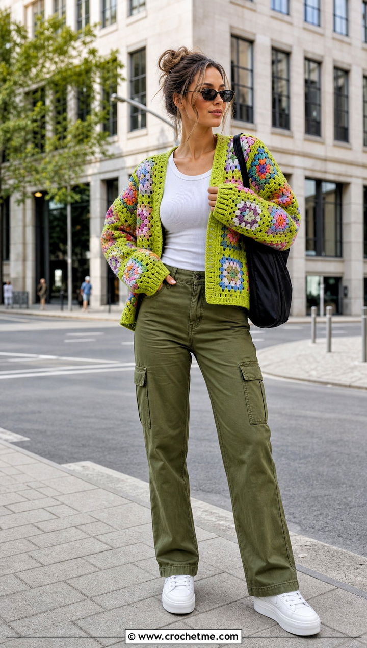 Granny Square Sport Weight Crochet Cardigan With Cargo Pants - 20 Crochet Cardigan Sport Weight Yarn outfit ideas