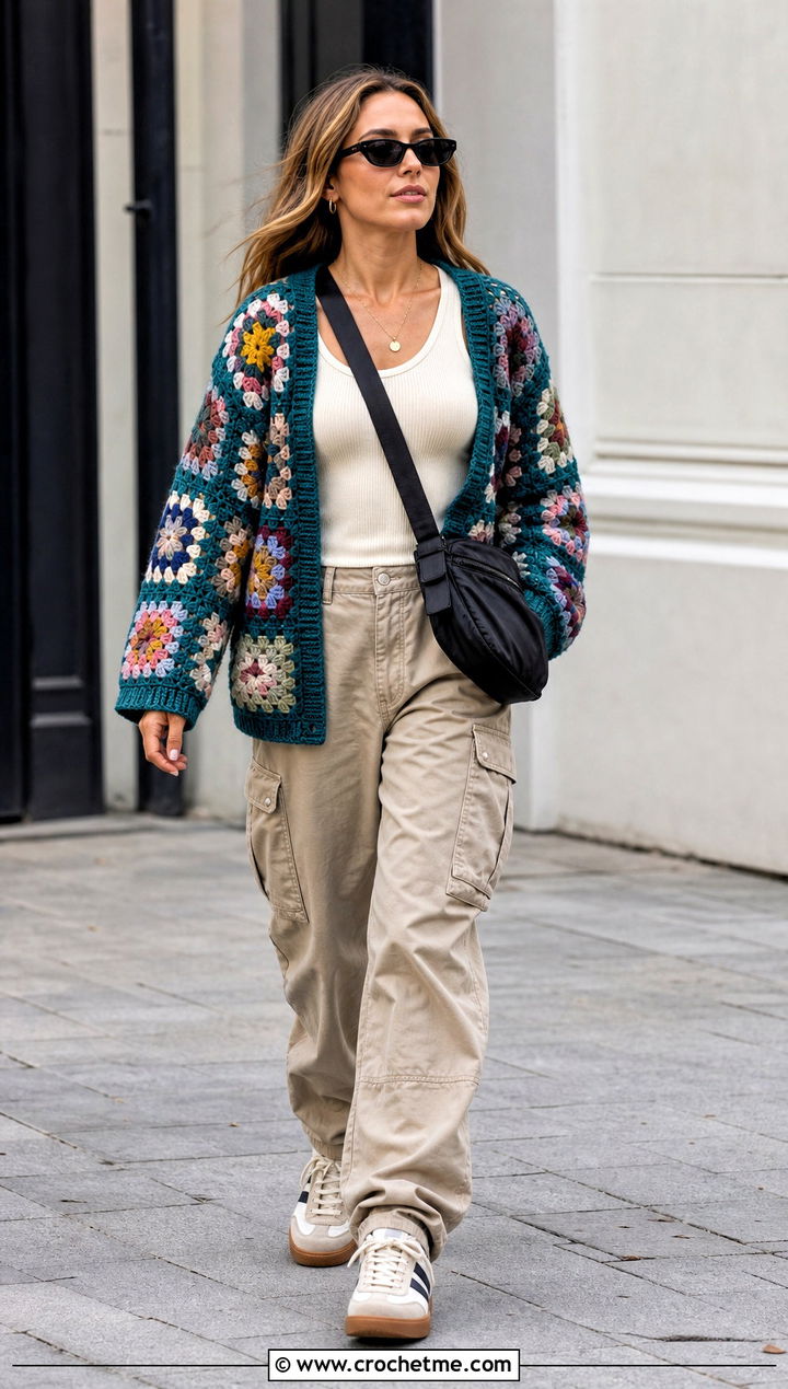 Granny Square Sport Weight Crochet Cardigan With Cargo Pants - 15 Sport Weight Crochet Cardigan outfit ideas