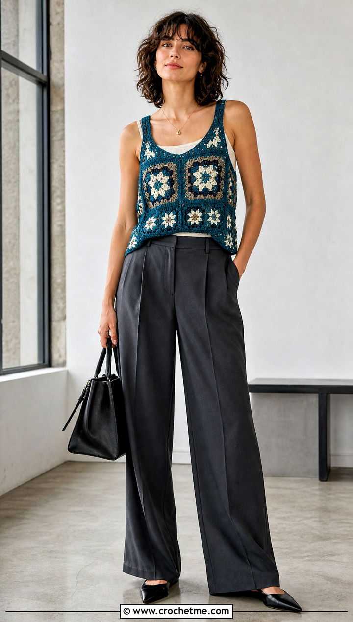 Granny Square Star Crochet Tank Top With Tailored Trousers - 25 Star Crochet Tank Top outfit ideas