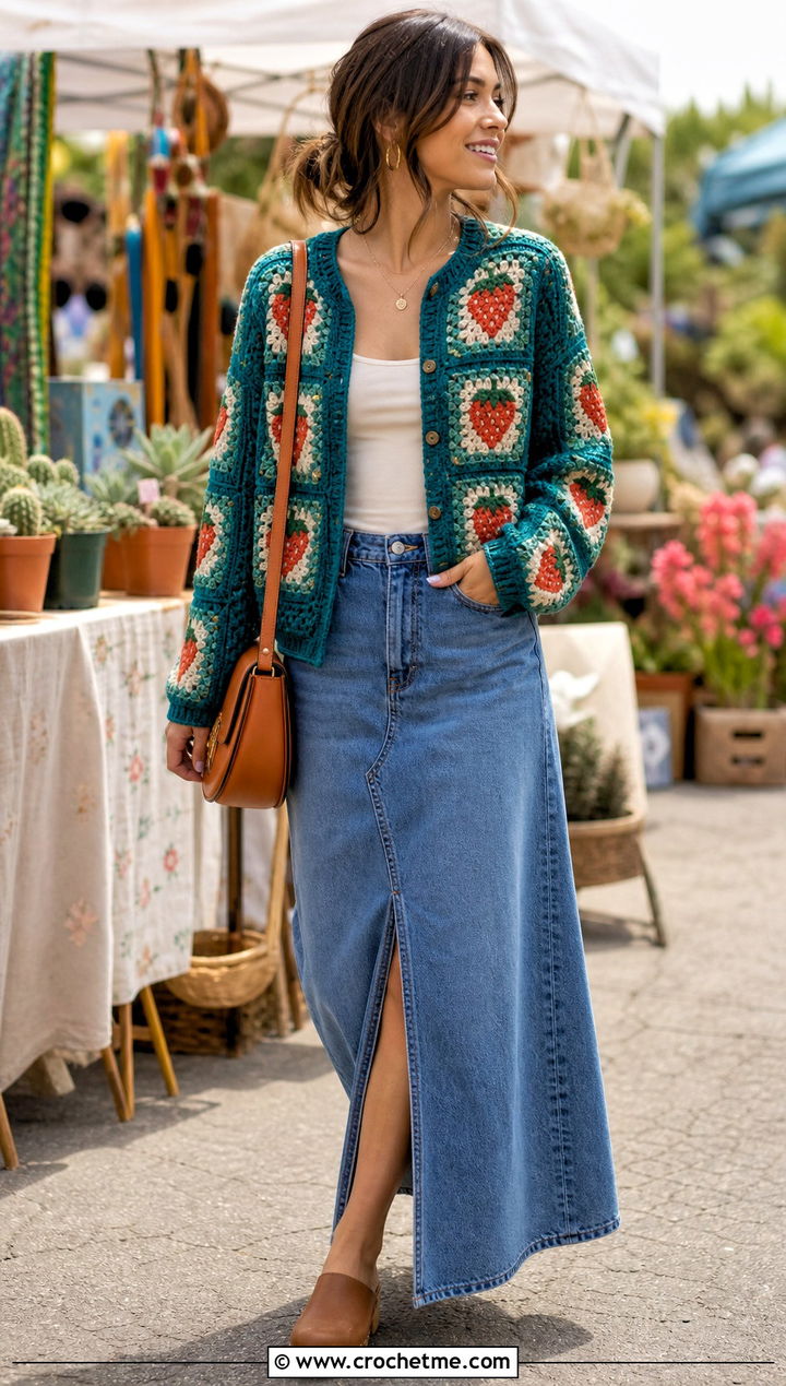 Granny Square Strawberry Cardigan With Denim Maxi Skirt - 35 crochet strawberry cardigan outfit ideas