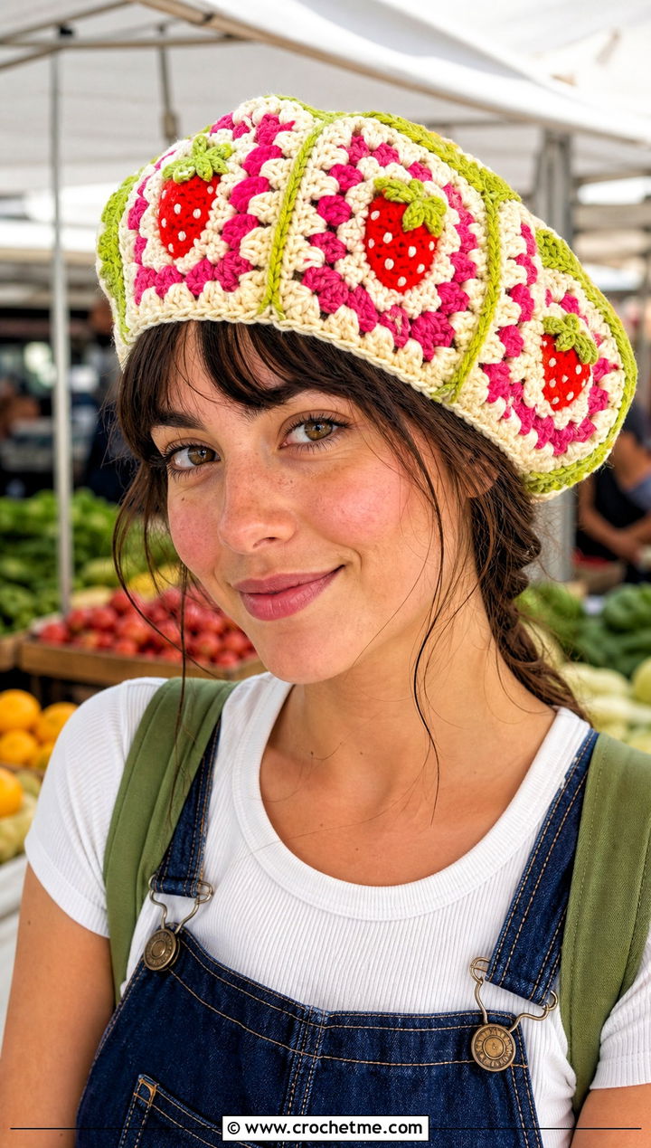 Granny Square Strawberry Crochet Beret With Overalls - 25 strawberry crochet beret outfit ideas