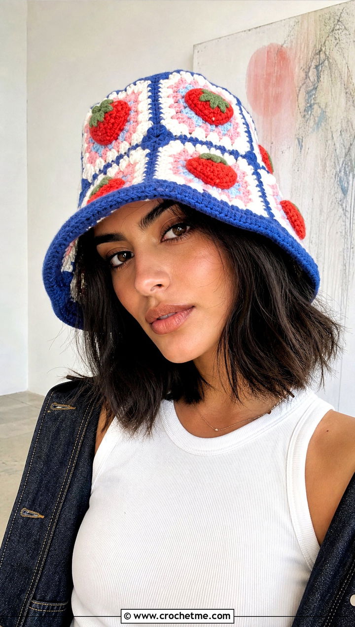 Granny Square Strawberry Crochet Bucket Hat With Denim Skirt - 30 strawberry crochet hat outfit ideas