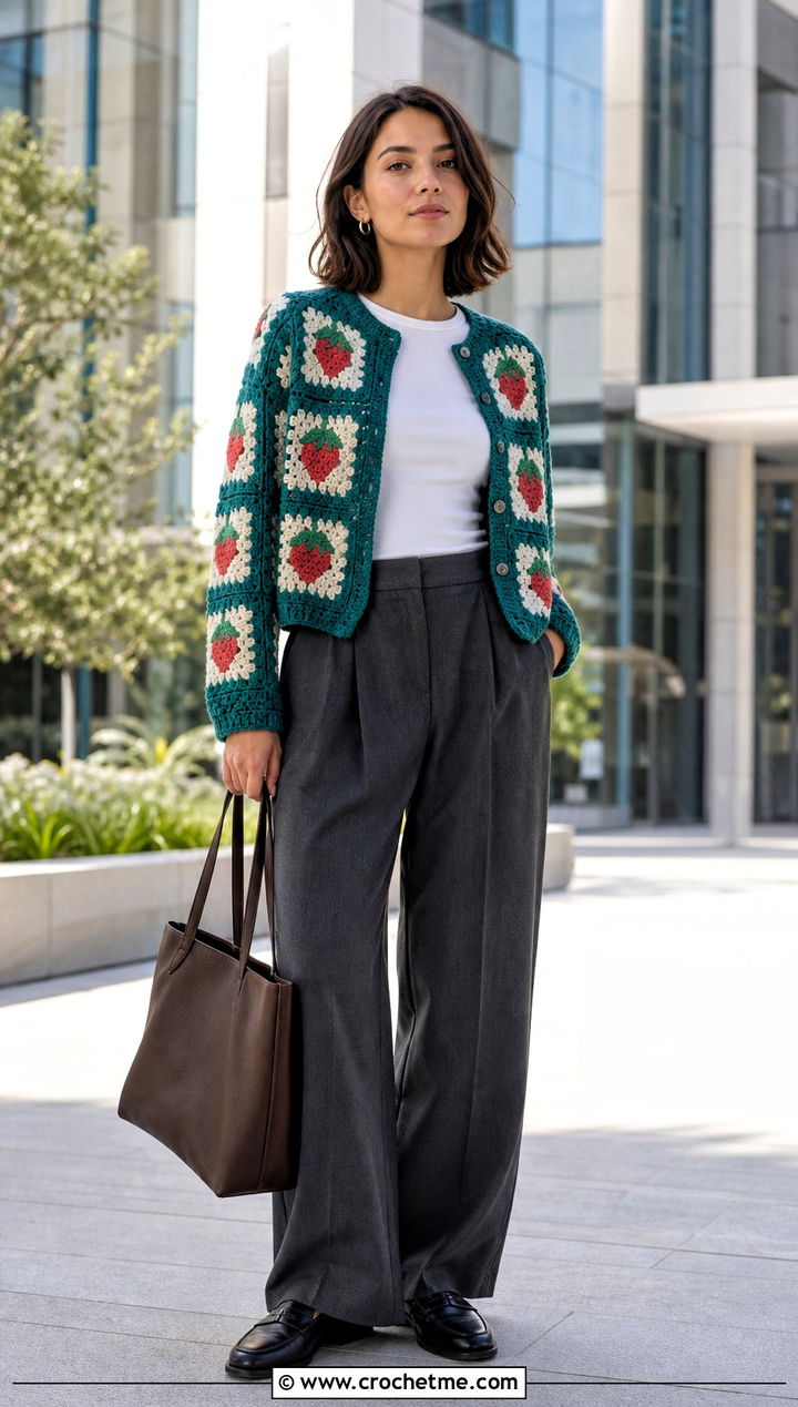 Granny Square Strawberry Crochet Cardigan With Tailored Trousers - 15 Strawberry Crochet Sweater outfit ideas