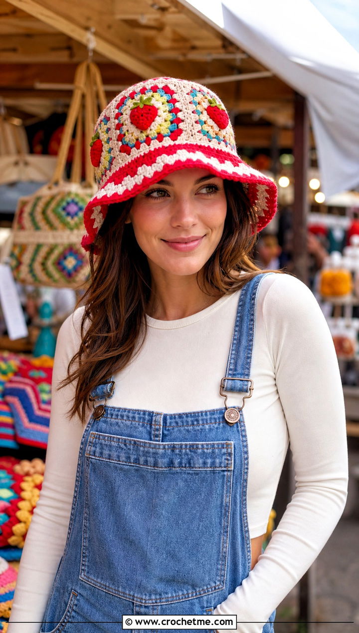 Granny Square Strawberry Shortcake Bucket Hat With Overalls - 30 crochet strawberry shortcake hat outfit ideas