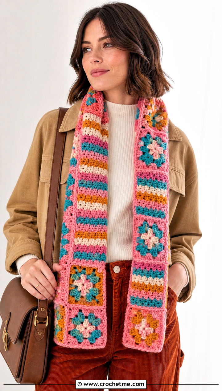 Granny Square Stripe Crochet Scarf With Corduroy Outfit - 30 Stripe Crochet Scarf outfit ideas